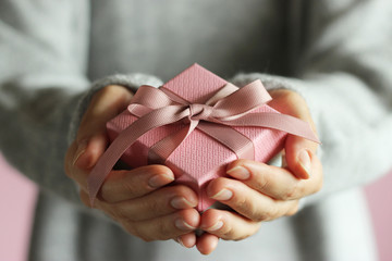 gift box in female hands. Holiday, give, gift.