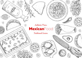 Mexican food top view frame. A set of mexican dishes with enchiladas, burritos, tortilla soup, poblanos, tacos. Food menu design template. Vintage hand drawn sketch vector illustration.Mexican cuisine