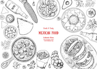 Mexican food top view frame. A set of mexican dishes with quesadillas, burritos, nachos, fajitas. Food menu design template.Vintage hand drawn sketch vector illustration.Mexican cuisine engraved image