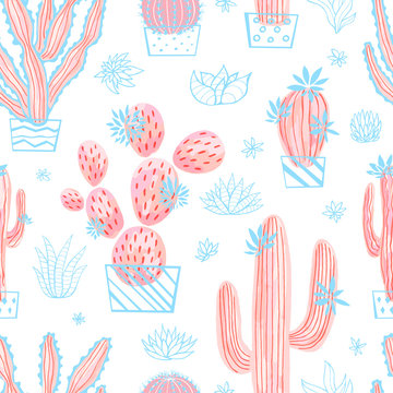Cactus succulent wild seamless pattern flowers pastel color watercolor pink collections. Houseplant beautiful hand drawn vector illustration on white background. © Iraida Bearlala