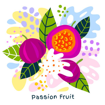 Fresh passion fruit tropical fruits juice splash organic food ripe juicy yogurt splatter on abstract background. Vector hand drawn illustrations