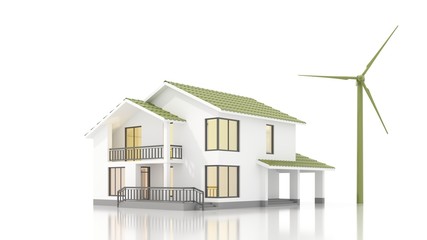 Modern alternative energy residential building, project. Architectural model of an ecological house on white background with wind generator. Construction, real estate, sale of housing - 3D render.