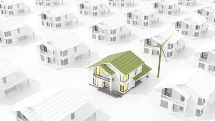 Modern alternative energy residential building, project. Architectural model of an ecological house on white background with wind generator. Construction, real estate, sale of housing - 3D render.