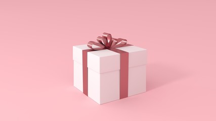 Gift box, white, on light pastel pink background with red shiny ribbon and bow - greeting card. Present box for women's day,birthday,valentine's day, surprise- 3d render, illustration with copy space.