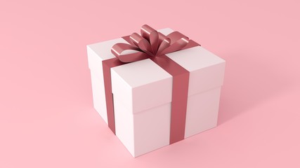 Gift box, white, on light pastel pink background with red shiny ribbon and bow - greeting card. Present box for women's day,birthday,valentine's day, surprise- 3d render, illustration with copy space.