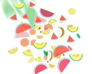 3d illustration of varied fruits in a dynamic composition with bright colors on white background