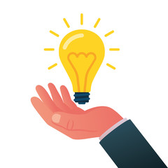 Fototapeta premium Idea in hand. Human hold big a glowing lamp. Vector illustration modern flat style design.