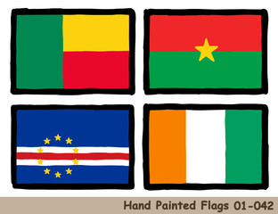 手描きの旗アイコン,ベナンの国旗,ブルキナファソの国旗,カーボベルデの国旗,コートジボワールの国旗　Flag of the Benin, Burkina Faso, Cabo Verde, Cote d'Ivoire, hand drawn isolated vector icon.