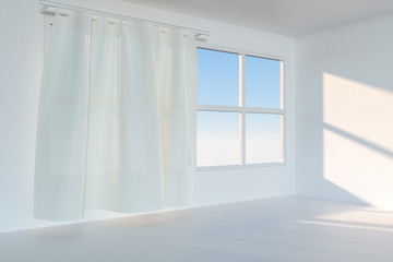 Fototapeta na wymiar An empty room with sunshine come through the curtain, 3d rendering.