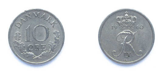 Danish 10 Ore 1960 year copper-nickel coin, Denmark. Coin shows a monogram of Danish King Frederick...