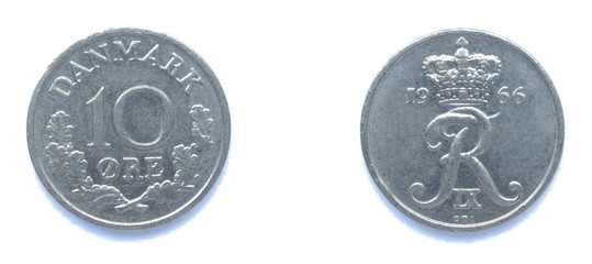 Danish 10 Ore 1966 year copper-nickel coin, Denmark. Coin shows a monogram of Danish King Frederick...