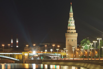 Long exposure image of Moscow Kremlin Tower, Moskva River, Heat station pipes and  Bolshoy Kamenny Bridge in the summer night. High resolution photo.