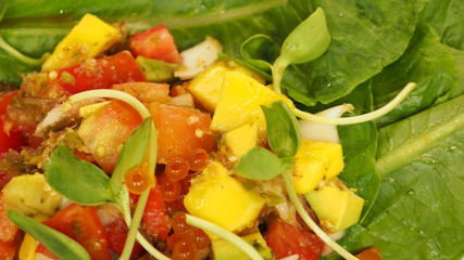 SALMON SASHIMI WITH ikura and MANGO SALAD.