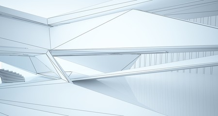 Drawing abstract architectural white interior of a minimalist house with large windows. 3D illustration and rendering.