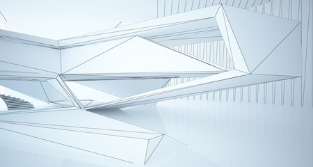 Obraz premium Drawing abstract architectural white interior of a minimalist house with large windows. 3D illustration and rendering.