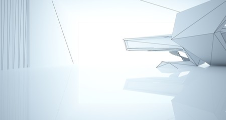 Drawing abstract architectural white interior of a minimalist house with large windows. 3D illustration and rendering.