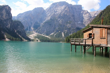 Braies alpine lake Alto Adige Dolomites Italy