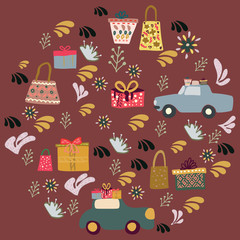Naklejka premium Beautiful round shape with gifts and cars with presents
