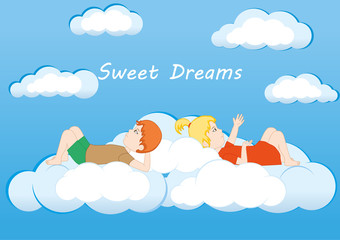 Sweet dreams. Girl and boy lie in clouds. Children dreams.