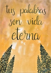 This is a handmade painting, using watercolors. It says; Tus palabras son vida eterna or Your words are eternal life.