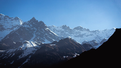 View of the snow covered mountains as seen from the Kedarnath Temple in Uttarakhand, India