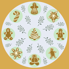 Circle border with gingerbread biscuits on textured mustard background.