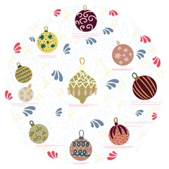 Circle shape with Christmas tree decorations on white background