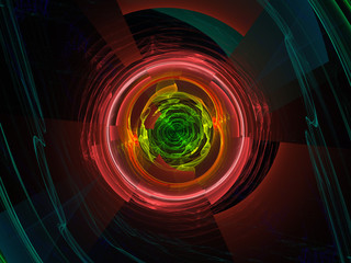 Illustration - Abstract Fractal Background Image, Graphic Resource, Symmetrical Circles and Patterns, Glowing Neon Rings. Artistic Background, Colorful Repeating Patterns, Modern Digital Art