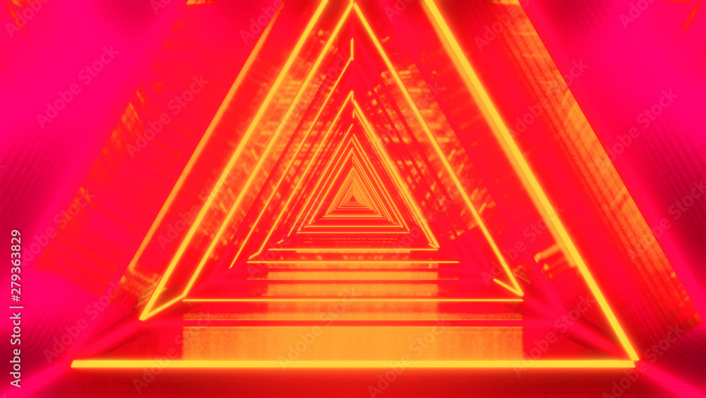 Poster abstract background with neon red triangles. neon triangular electric techno lights. red and orange 
