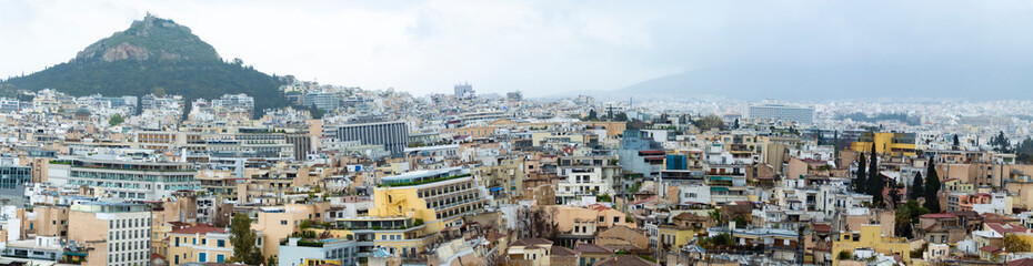 Athens in spring, view from hill,  cityscape with streets and buildings, ancient urbal culture