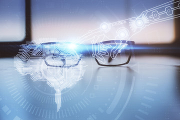 Brain drawings with glasses on the table background. Double exposure.