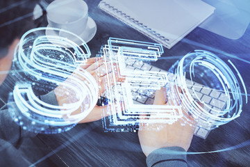Multi exposure of seo icon with man working on computer on background. Concept of search engine...