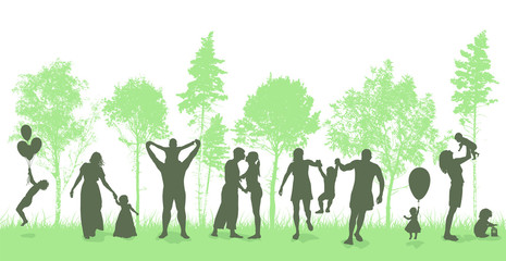Naklejka na ściany i meble Silhouettes of people in nature. Happy families together. Vector