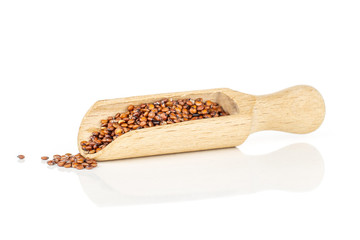 Lot of whole raw red quinoa seeds with wooden scoop isolated on white background