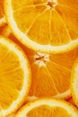 Round orange slices, in the form of texture and lanterns of fresh juicy slices