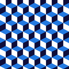 Seamless background of blue cubes with sides in different shades. Vector illustration for backdrops, polygraphy, banners, fabrics, tiles. - 279367403