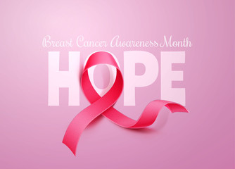 Hope sign with ribbon as breast cancer awareness poster template with realistic pink ribbon on pink background. Women health care support symbol. female hope satin emblem. Vector illustration