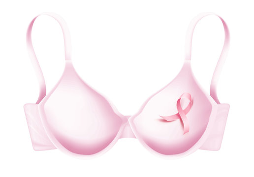 Vector breast cancer awarenes. realistic pink ribbon on white bra. Women health care support symbol. female hope satin emblem illustration