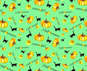 Seamless pattern on the theme of Halloween with yellow pumpkin and black cats. Festive background for textiles, packaging or Wallpaper.