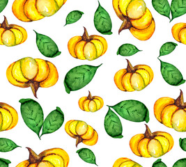 Bright seamless pattern of ripe pumpkins and green juicy leaves. Watercolor background on the theme of nature for packaging, textiles or Wallpaper.