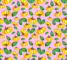 Bright seamless pattern of ripe pumpkins and green juicy leaves. Watercolor background on the theme of nature for packaging, textiles or Wallpaper.