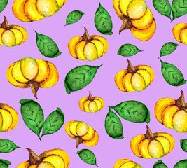 Bright seamless pattern of ripe pumpkins and green juicy leaves. Watercolor background on the theme of nature for packaging, textiles or Wallpaper.