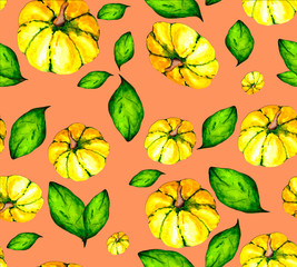 Bright seamless pattern of ripe pumpkins and green juicy leaves. Watercolor background on the theme of nature for packaging, textiles or Wallpaper.