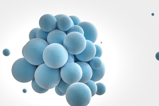 Blue spheres with the textured surface, random distributed, 3d rendering.