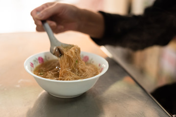 Taiwan snack of thin noodles with pork intestine