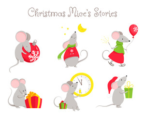 Set of little cute mouse or rat character chinese horoscope symbol of 2020 year. Vector illustration isolated on a white background.