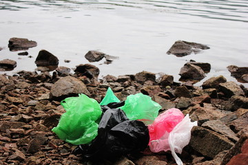 A bunch of reusable, multi-colored plastic bags polluting the environment. Garbage on the seashore.