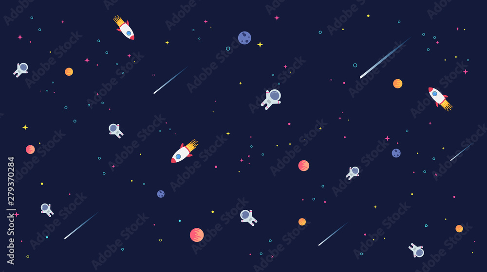 Wall mural star universe with rocket, astronaut and planet in galaxy background pattern illustration. flat desi