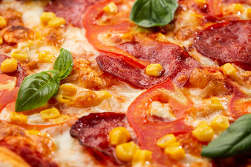 Delicious hot homemade pizza on the wooden table. Pizza - Fresh homemade pizza with pepperoni, cheese and tomato sauce, tomatoes, sweet corn and basil with copy space.