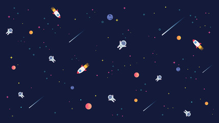 Star universe with rocket, astronaut and planet in galaxy background pattern illustration. Flat design for kid.